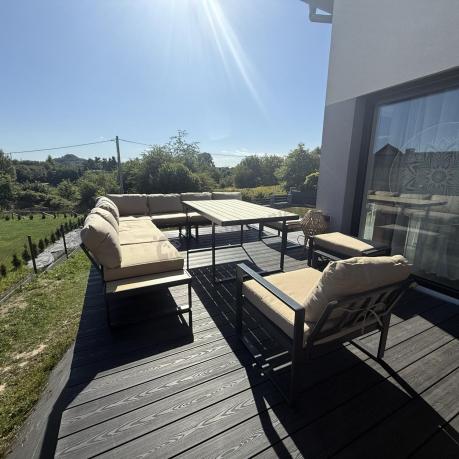 Duży komplet mebli na taras z narożnikiem, fotelem i pufami Panaon Corner XXL WB