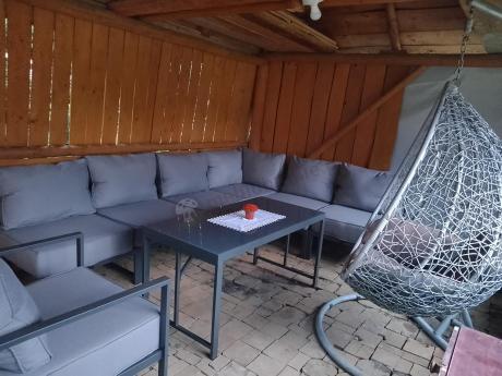 Duży komplet mebli ogrodowych modułowych z wysokim stołem i fotelem Trapeno 6 modułów grafit