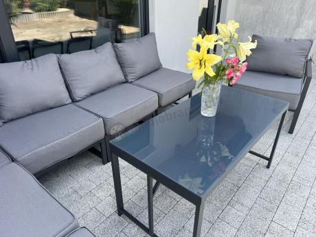 Duży komplet mebli ogrodowych modułowych z wysokim stołem i fotelem Trapeno 6 modułów grafit