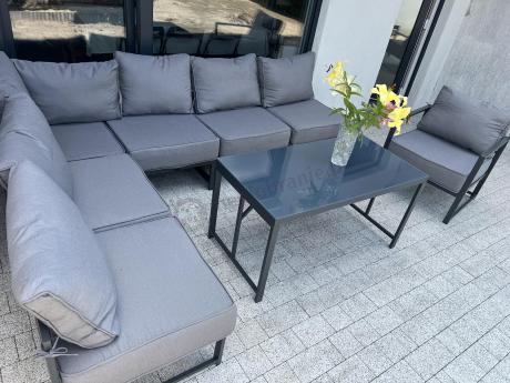 Duży komplet mebli ogrodowych modułowych z wysokim stołem i fotelem Trapeno 6 modułów grafit
