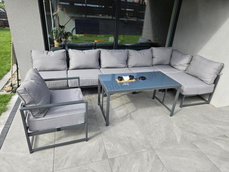Duży komplet mebli ogrodowych modułowych z wysokim stołem i fotelem Trapeno 6 modułów grafit