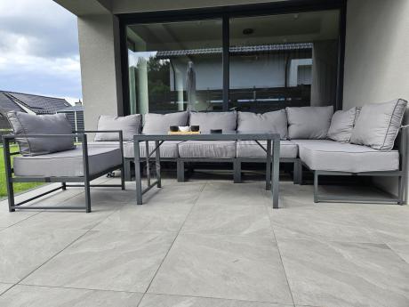 Duży komplet mebli ogrodowych modułowych z wysokim stołem i fotelem Trapeno 6 modułów grafit