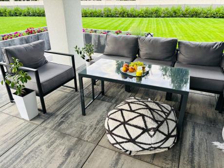 Duży komplet mebli ogrodowych modułowych z wysokim stołem i fotelem Trapeno 6 modułów grafit