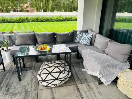 Duży komplet mebli ogrodowych modułowych z wysokim stołem i fotelem Trapeno 6 modułów grafit