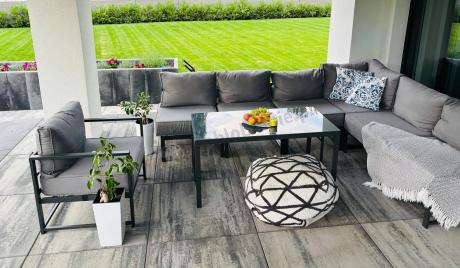 Duży komplet mebli ogrodowych modułowych z wysokim stołem i fotelem Trapeno 6 modułów grafit