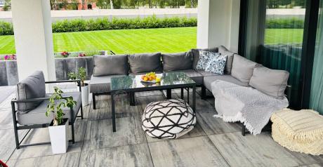 Duży komplet mebli ogrodowych modułowych z wysokim stołem i fotelem Trapeno 6 modułów grafit