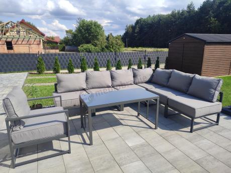 Duży komplet mebli ogrodowych modułowych z wysokim stołem i fotelem Trapeno 6 modułów grafit