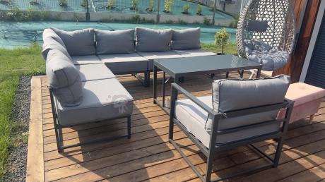Duży komplet mebli ogrodowych modułowych z wysokim stołem i fotelem Trapeno 6 modułów grafit
