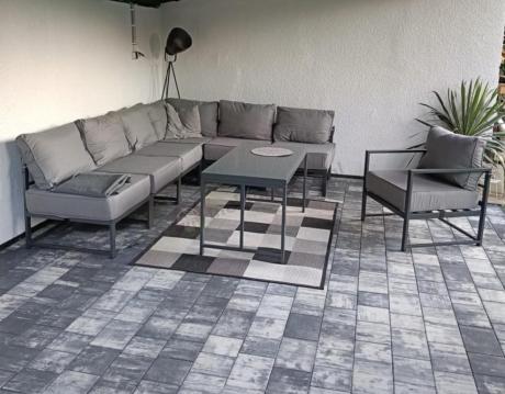 Duży komplet mebli ogrodowych modułowych z wysokim stołem i fotelem Trapeno 6 modułów grafit