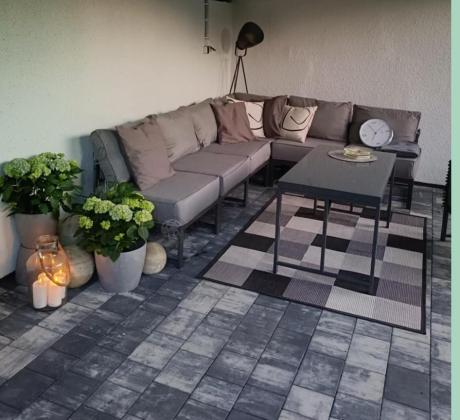 Duży komplet mebli ogrodowych modułowych z wysokim stołem i fotelem Trapeno 6 modułów grafit