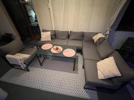 Duży komplet mebli ogrodowych modułowych z wysokim stołem i fotelem Trapeno 6 modułów grafit