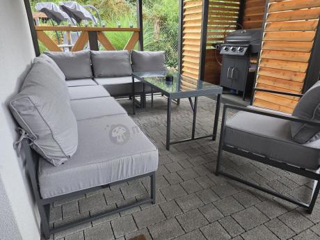 Duży komplet mebli ogrodowych modułowych z wysokim stołem i fotelem Trapeno 6 modułów grafit