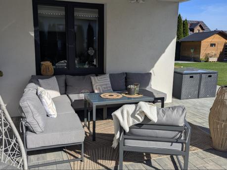 Duży komplet mebli ogrodowych modułowych z wysokim stołem i fotelem Trapeno 6 modułów grafit