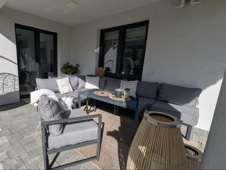 Duży komplet mebli ogrodowych modułowych z wysokim stołem i fotelem Trapeno 6 modułów grafit