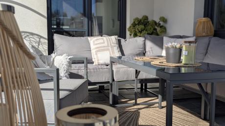 Duży komplet mebli ogrodowych modułowych z wysokim stołem i fotelem Trapeno 6 modułów grafit