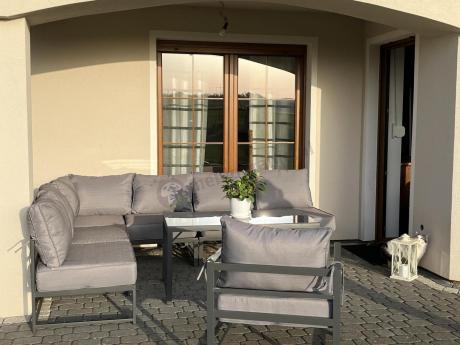 Duży komplet mebli ogrodowych modułowych z wysokim stołem i fotelem Trapeno 6 modułów grafit