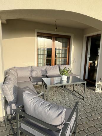 Duży komplet mebli ogrodowych modułowych z wysokim stołem i fotelem Trapeno 6 modułów grafit