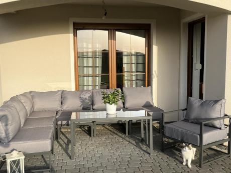 Duży komplet mebli ogrodowych modułowych z wysokim stołem i fotelem Trapeno 6 modułów grafit