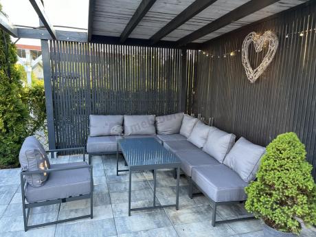 Duży komplet mebli ogrodowych modułowych z wysokim stołem i fotelem Trapeno 6 modułów grafit