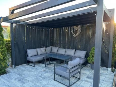 Duży komplet mebli ogrodowych modułowych z wysokim stołem i fotelem Trapeno 6 modułów grafit