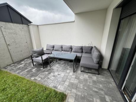 Duży komplet mebli ogrodowych modułowych z wysokim stołem i fotelem Trapeno 6 modułów grafit