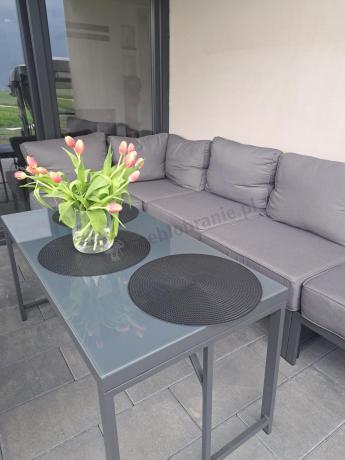 Duży komplet mebli ogrodowych modułowych z wysokim stołem i fotelem Trapeno 6 modułów grafit