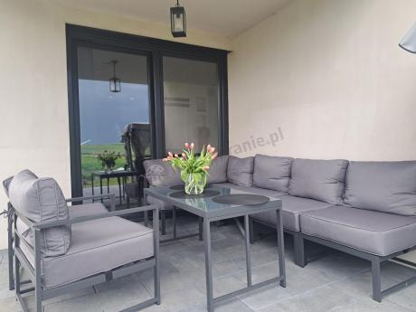 Duży komplet mebli ogrodowych modułowych z wysokim stołem i fotelem Trapeno 6 modułów grafit