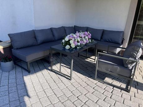 Duży komplet mebli ogrodowych modułowych z wysokim stołem i fotelem Trapeno 6 modułów grafit