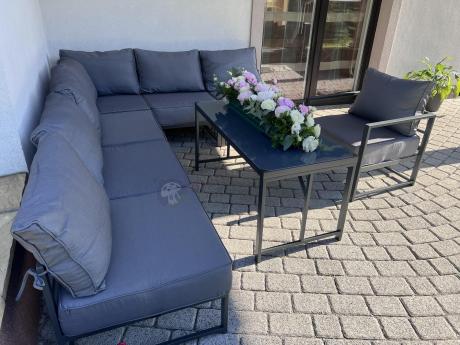 Duży komplet mebli ogrodowych modułowych z wysokim stołem i fotelem Trapeno 6 modułów grafit