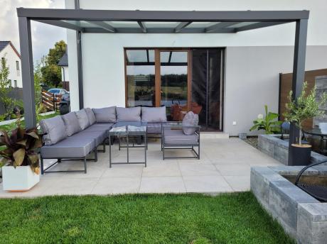 Duży komplet mebli ogrodowych modułowych z wysokim stołem i fotelem Trapeno 6 modułów grafit