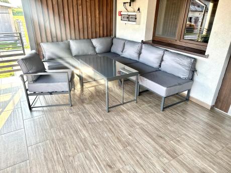 Duży komplet mebli ogrodowych modułowych z wysokim stołem i fotelem Trapeno 6 modułów grafit