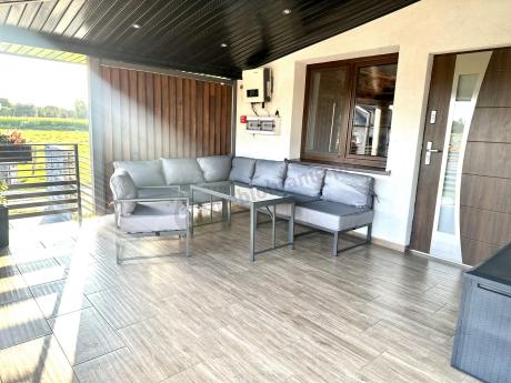 Duży komplet mebli ogrodowych modułowych z wysokim stołem i fotelem Trapeno 6 modułów grafit