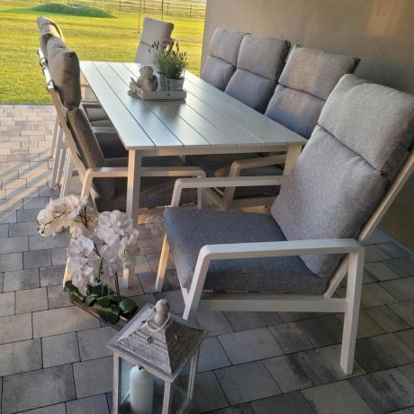 Duży komplet mebli tarasowych ze stołem obiadowym i 8 fotelami - Renalo Dining 8+1 - White