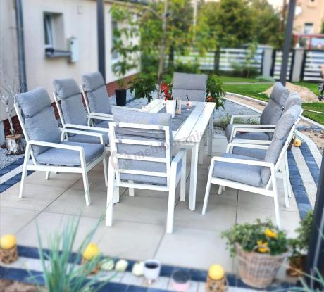 Duży komplet mebli tarasowych ze stołem obiadowym i 8 fotelami - Renalo Dining 8+1 - White