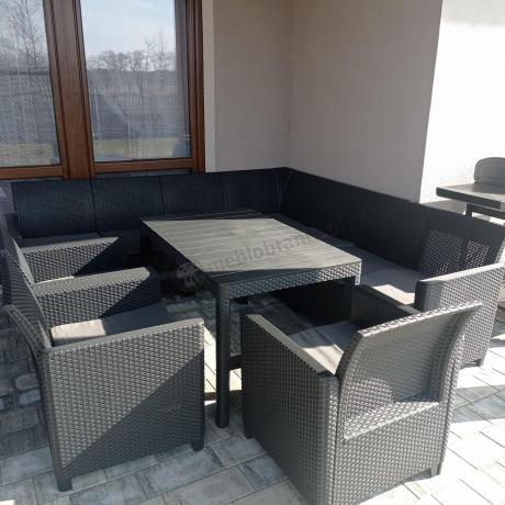 Duży narożnik na taras 172 x 272cm, stół 160x95cm i trzy fotele - grafitowy