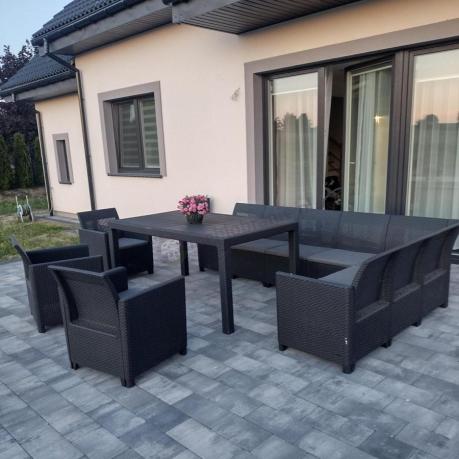 Duży narożnik na taras 172 x 272cm, stół 160x95cm i trzy fotele - grafitowy