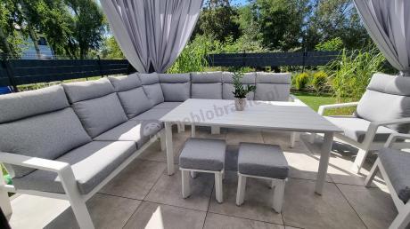 Duży narożnik na taras 278x278cm, stół 160cm, regulowane fotele i pufy - Renalo Corner XL - White