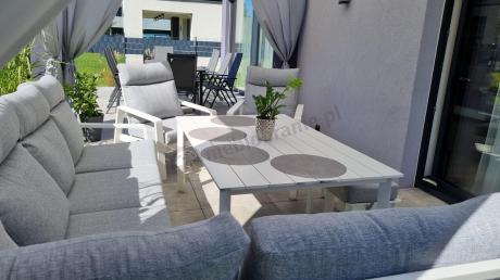 Duży narożnik na taras 278x278cm, stół 160cm, regulowane fotele i pufy - Renalo Corner XL - White