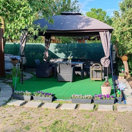 Duży narożnik na taras Nedler VI ze stolikiem podnoszonym i trzema fotelami - grafit