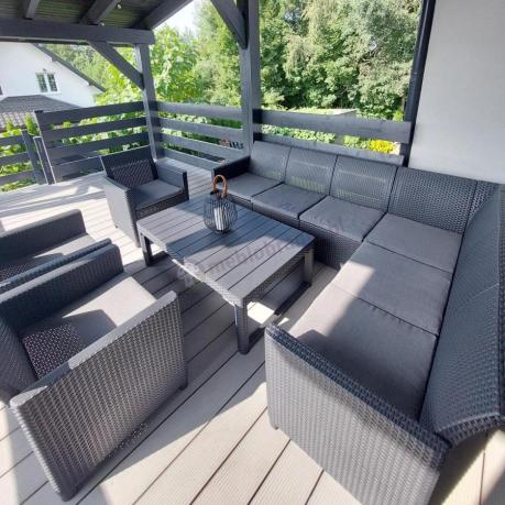 Duży narożnik na taras Nedler VI ze stolikiem podnoszonym i trzema fotelami - grafit