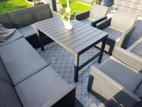 Duży narożnik na taras Nedler VI ze stolikiem podnoszonym i trzema fotelami - grafit