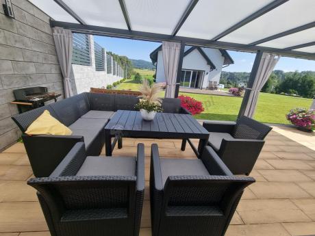 Duży narożnik na taras Nedler VI ze stolikiem podnoszonym i trzema fotelami - grafit