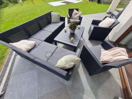 Duży narożnik na taras Nedler VI ze stolikiem podnoszonym i trzema fotelami - grafit