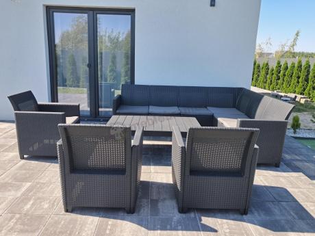 Duży narożnik na taras Nedler VI ze stolikiem podnoszonym i trzema fotelami - grafit