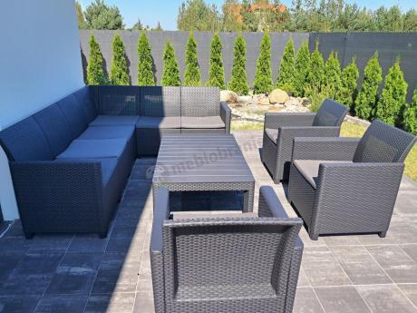 Duży narożnik na taras Nedler VI ze stolikiem podnoszonym i trzema fotelami - grafit