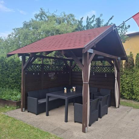 Duży narożnik na taras Nedler VII, stół obiadowy i trzy fotele - grafitowy