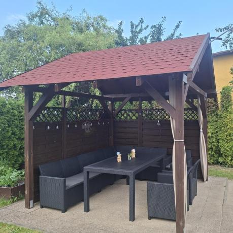 Duży narożnik na taras Nedler VII, stół obiadowy i trzy fotele - grafitowy
