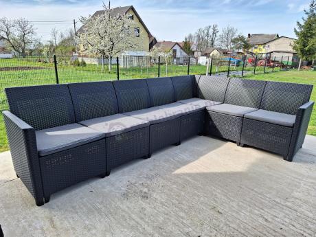 Duży narożnik na taras Nedler VII, stół obiadowy i trzy fotele - grafitowy