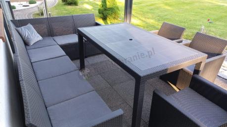 Duży narożnik na taras Nedler VII, stół obiadowy i trzy fotele - grafitowy