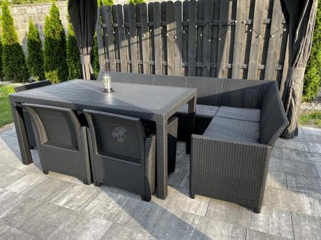 Duży narożnik na taras Nedler VII, stół obiadowy i trzy fotele - grafitowy